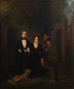 19th Century British school - A Victorian couple with their dog painted next to an organ-grinder