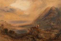 19th Century British school - Figures overlooking a loch or lake amid mountainous terrain -