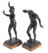 A pair of Continental patinated bronze models of fauns, cast after the Antique,