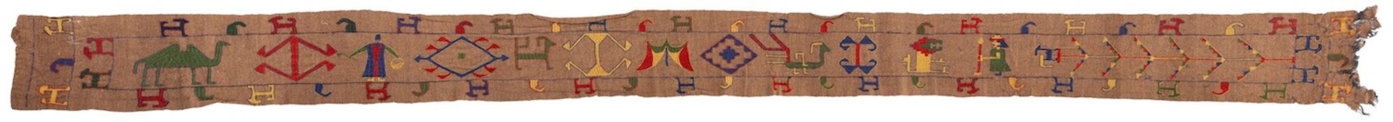 An embroidered hessian table runner or wall hanging,