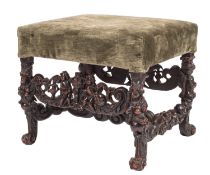 A Carolean carved walnut and upholstered stool,
