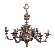A silvered brass six light chandelier, in French Régence taste,
