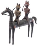 A large Indian Dhokra bronze group of a horse and two warrior riders, polychrome decoration, modern,