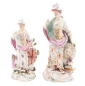 A large Derby figure of Minerva and a similar smaller figure of Britannia,