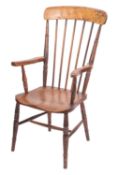 An elm and beech spindle back kitchen elbow chair,