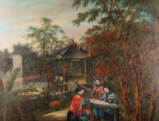 19th Century Chinese Export 'China Trade' school - Ladies in a garden playing a board game
