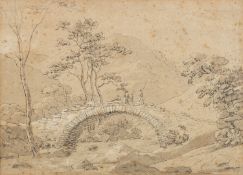 European school - Figures fishing off an arched bridge - Pen and ink - 23 x 32cm,
