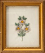 A Native North American tufted and dyed moose hair picture, by Mrs Bonnett Rouge, Fort Providence,