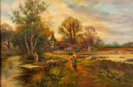 A E E (19th Century) - Ferry crossing with sheep - Oil on canvas - Initialled lower right - 29