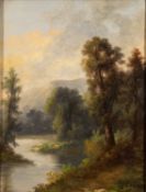19th Century British school - River and bank with trees - Oil on canvas - Indistinctly