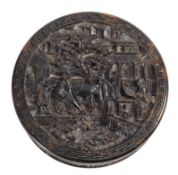 A Chinese Canton tortoiseshell circular box and cover, 19th century finely carved with figures,