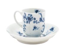 An early First Period Worcester blue and white miniature or toy coffee cup and saucer,