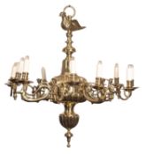 A brass twelve light chandelier in Dutch early 18th century style,