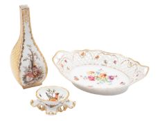 A Meissen salt, a Dresden vase and a similar basket,