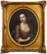 18th Century British school - Portrait study of a lady in yellow dress trimmed with white lace -