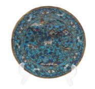 A Chinese cloisonne turquoise-ground 'goats and birds' dish,