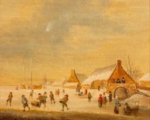 19th of 20th century Dutch school - Ice skaters on a river - Oil on panel - 22 x 28cm,
