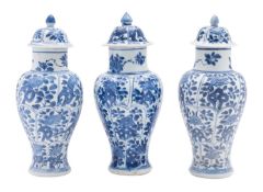 Vung Tau cargo three similar jars and covers of baluster form painted with panels of pierced rocks