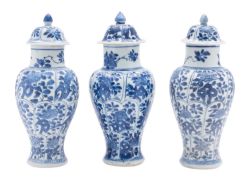 Vung Tau cargo three similar jars and covers of baluster form painted with panels of pierced rocks
