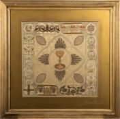 A silkwork embroidered ecclesiastical panel, probably a chalice veil,