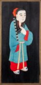 A set of eight Chinese figural fabric pictures, 20th century on black backgrounds, glazed,