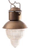 A brass and moulded opaque glass ceiling lantern, in Arts & Crafts taste,