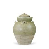 A Yue Celadon Handled Jar with Cover, Western Jin Dynasty,