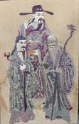 A Couched Embroidered Silk Three Star Gods Panel, c.1900,