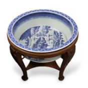 A Chinese Export Porcelain Blue Canton Circular Fishbowl, wood stand, c.1800