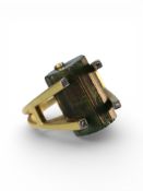 Watermelon tourmaline marked JH L , 18ct london 1971 size O , 4 very small diamonds on the top of th