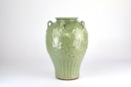 A Longquan Celadon Dragon Applique Handled Vase