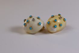 A Pair of Grima Shell Earrings, set with turquoise, signed and dated 1972 hallmark on outside of ear