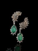 Two pear cut Emeralds set as a pair of Earrings with brilliant and marquise cut Diamonds,