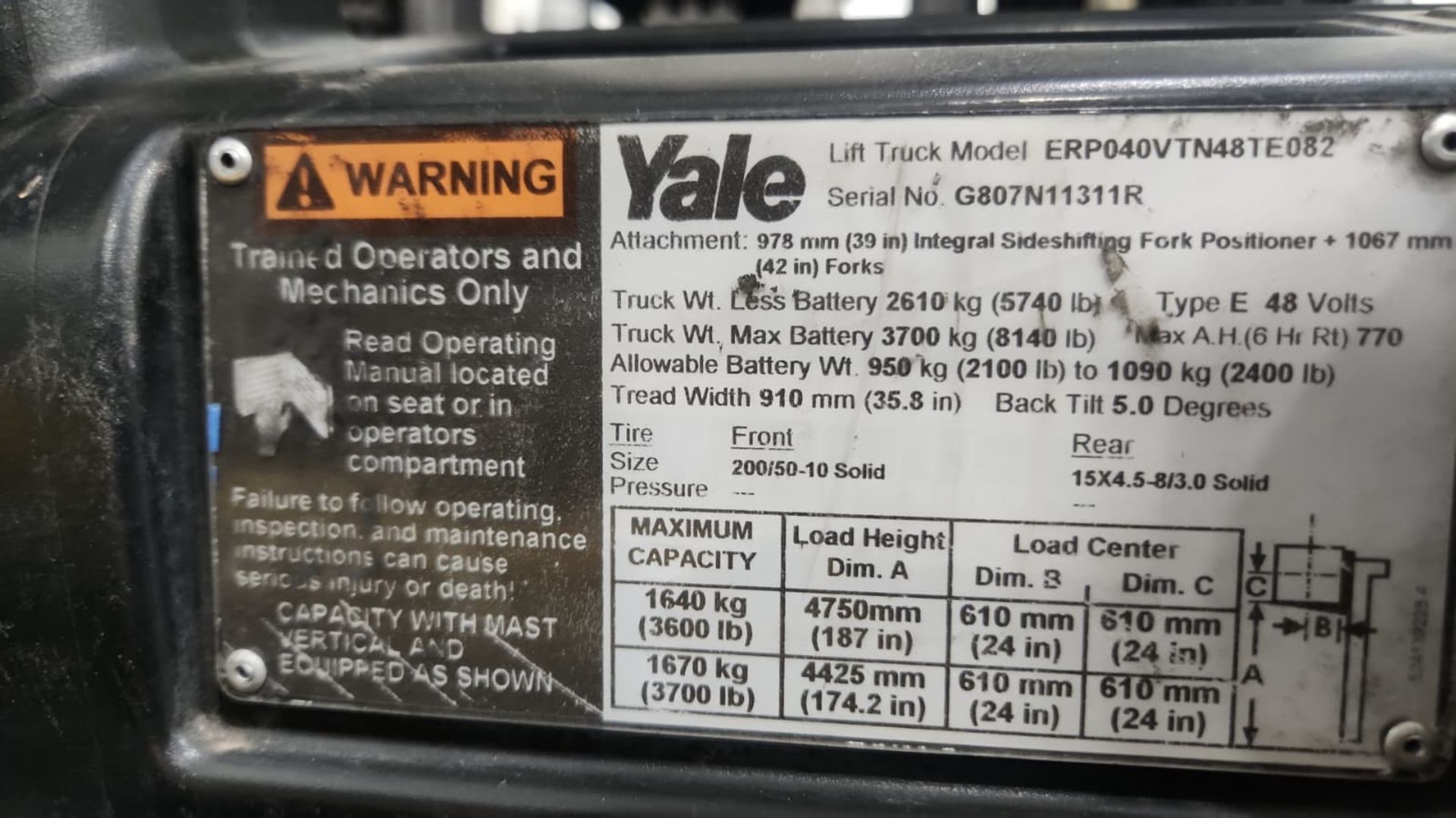 2019 Yale Model: ERP040VTN 4,000LB Capacity 3-Wheel Sit down Electric Forklift. Hours: 9,769 - Image 3 of 7