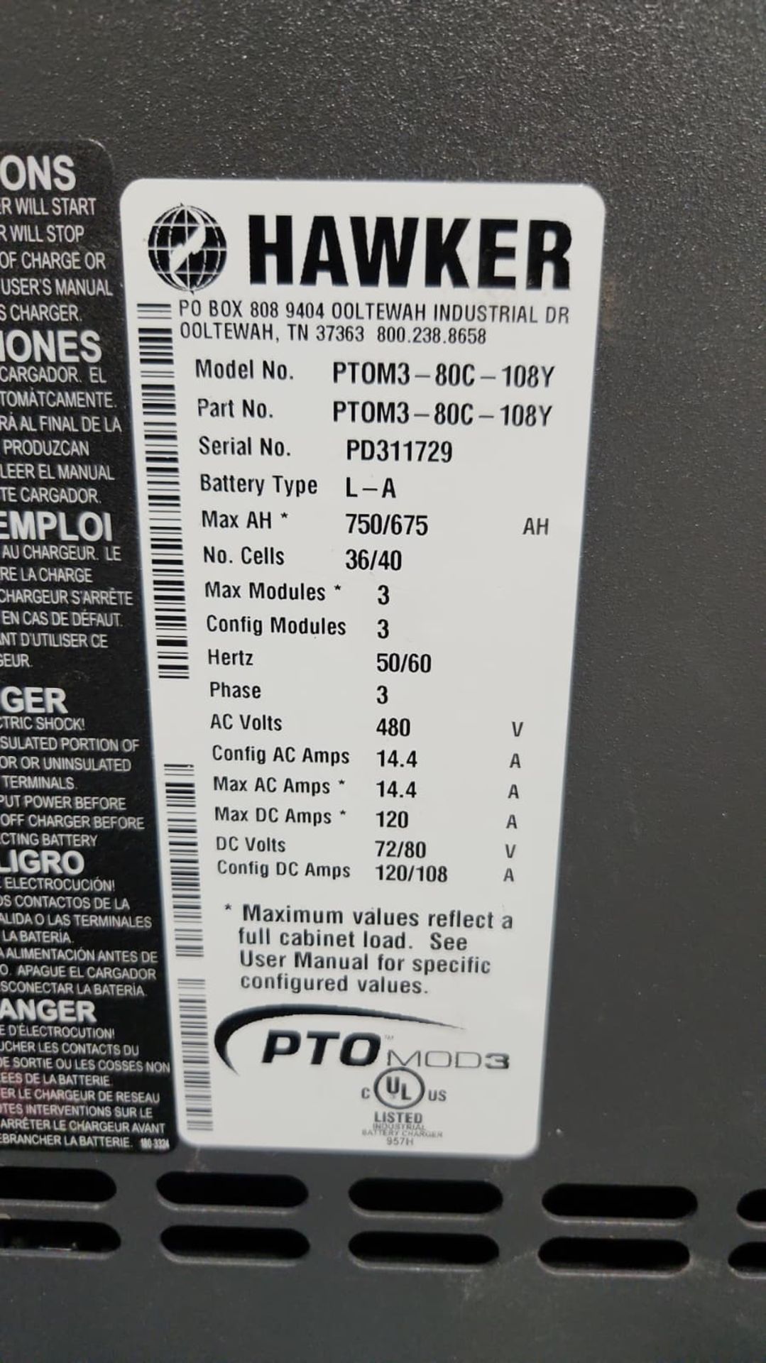 HAWKER PTO MOD 3 480 Volt Electric Forklift Battery Charger. - Image 5 of 5