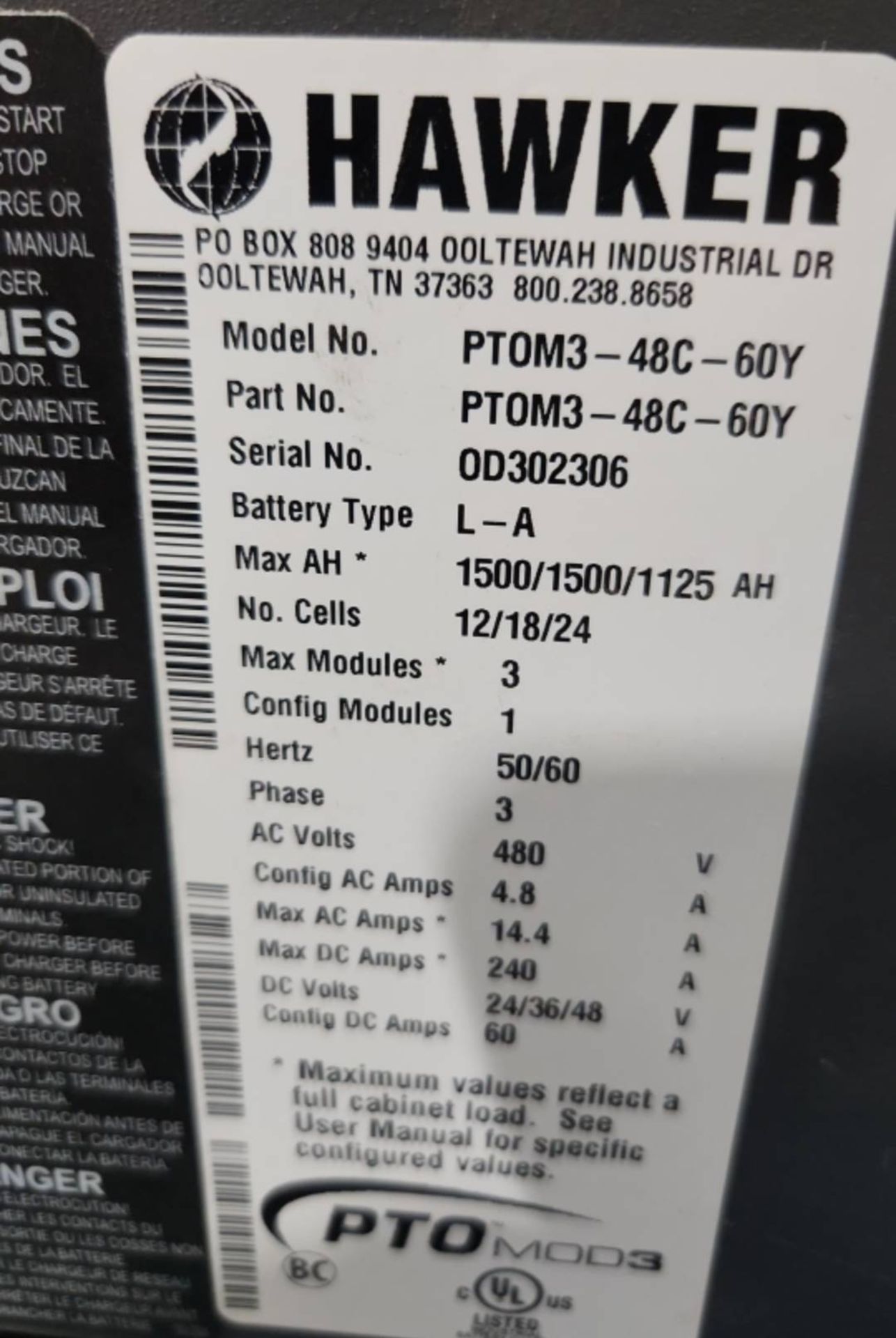 Hawker PTO Mod3 Model: PTOM3-48C-60Y 24/36/48 Volt Forklift Battery Charger. - Image 4 of 5
