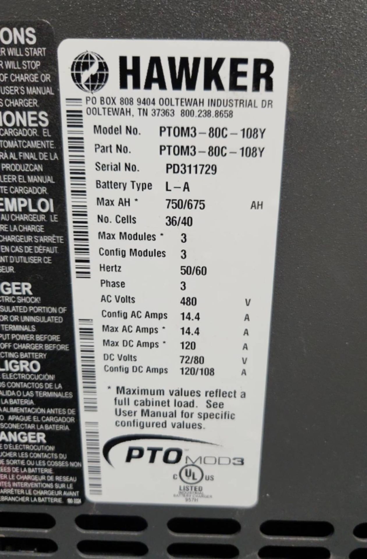 Hawker PTO Mod3 Model: PTOM3-80C-108Y 480 AC Volt Forklift Battery Charger. - Image 5 of 5