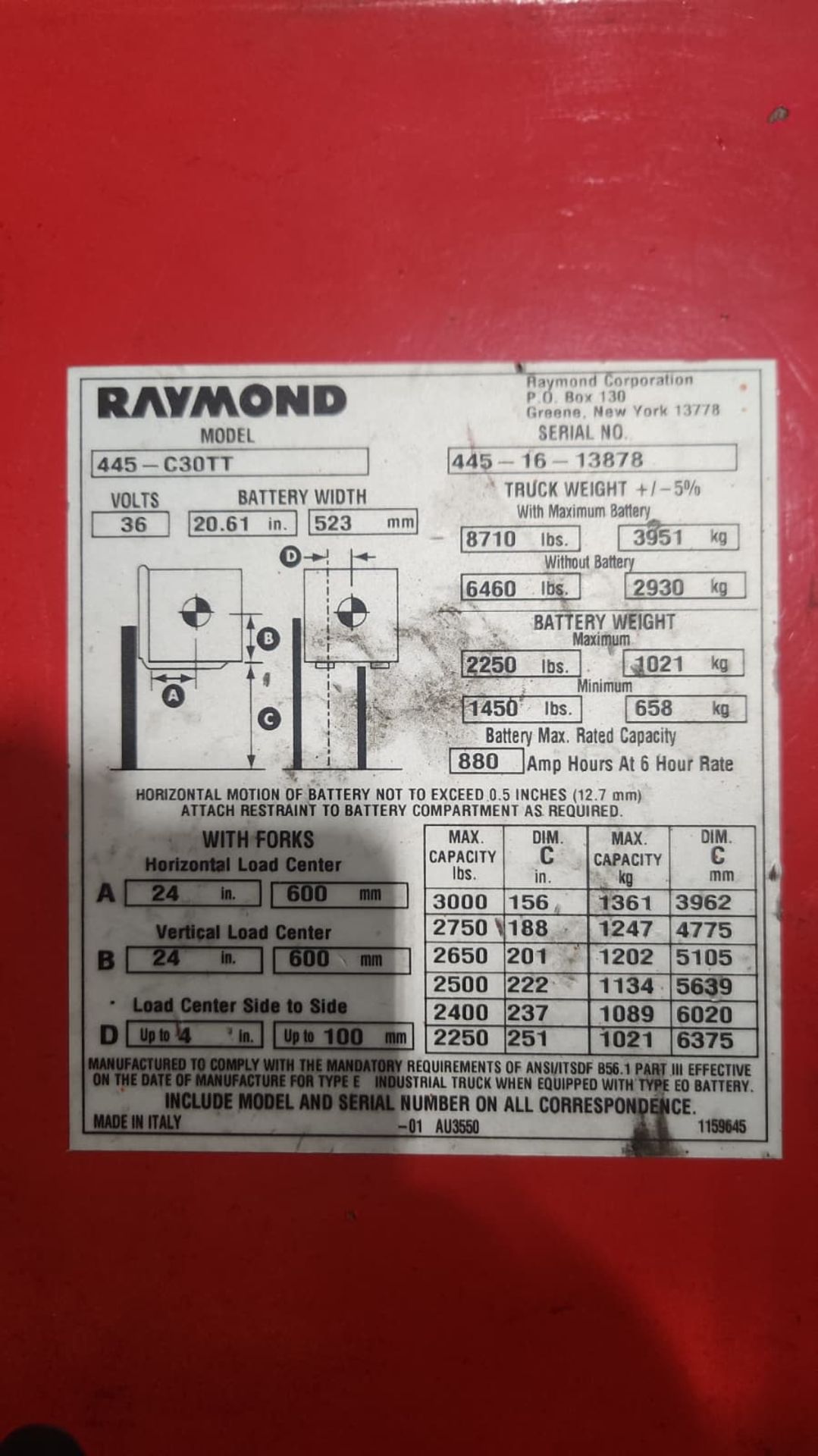 Raymond Model: 445-C30TT 3,000Lb 3-Wheel Electric Forklift. Hours: 930 - Image 4 of 7