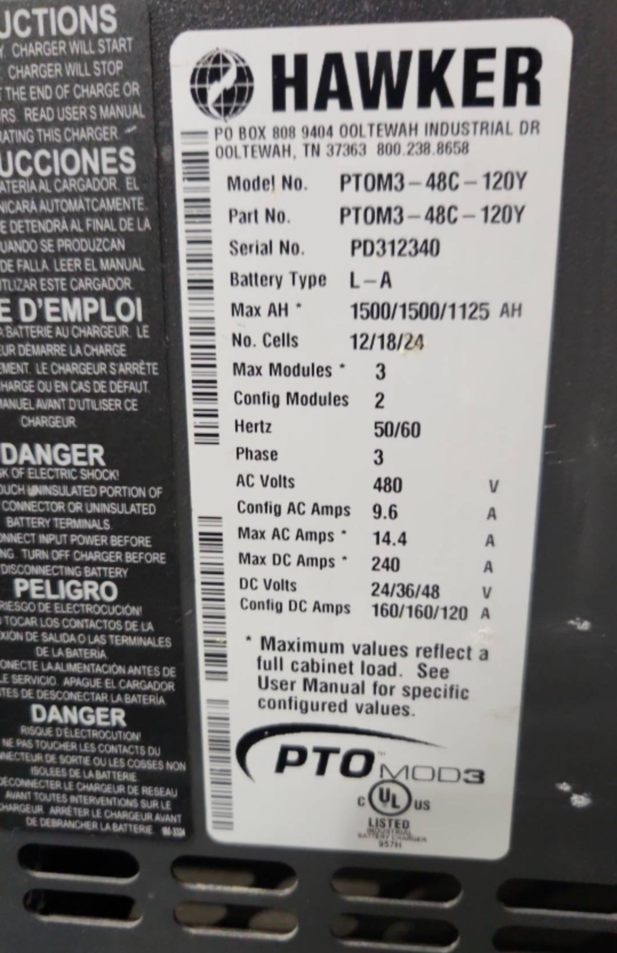 Hawker PTO Mod3 Model: PTOM3-48C-120Y 24/36/48 Volt Forklift Battery Charger. - Image 5 of 5