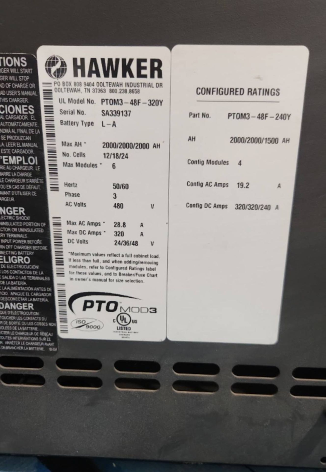 Hawker PTO Mod3 Model: PTOM3-48F-320Y 24/36/48 Volt Forklift Battery Charger. - Image 4 of 4