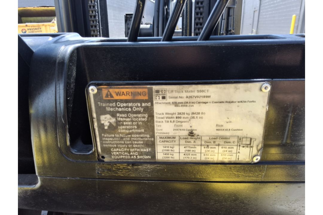 2014 Hyster S50CT 5,000LB Capacity. LP Powered Forklift. 3 Stage Mast, Hours: 8,191 - Image 7 of 8
