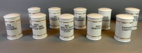10 Apothekengefäße, Porzellan, mit Deckeln, weiß, Goldstaffage,