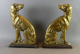 Paar Türstopper, in Form von Hunden, Messing, Hohlguss, auf Eisensockel,