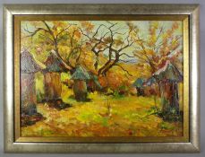 HENRYK FILIPCZAK, "Hütten im Wald", Öl/L., u. re. sig., rückseitig