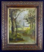 MÜLLER, "Teich mit Kirchturm", Öl/Malpappe, u. li. sig., ca. 27 x 21,