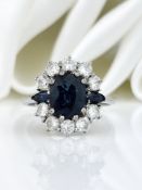 Vintage Large Sapphire and Diamond Cluster Ring in White Gold