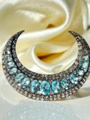 Outstanding Antique Blue Topaz and Diamond Huge Crescent Brooch in Gold