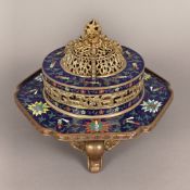 Cloisonné-Weihrauchbrenner - China, Messing vergoldet/ Metallblech/Email, tripodes Gefäß in Schalen
