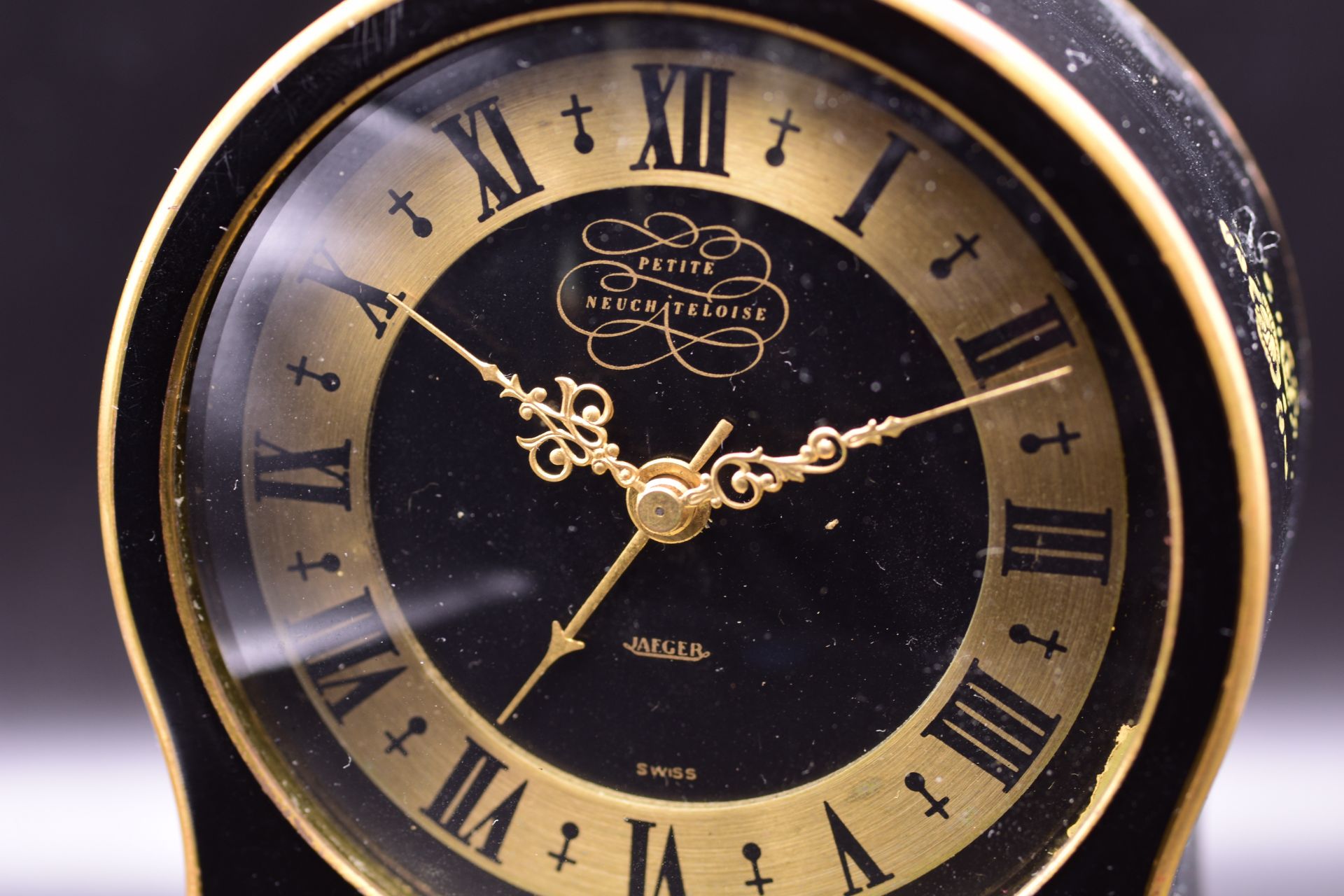 Jaeger "Petite Neuchâteloise" Musical Alarm Table Clock Swiss Black Enamel and Gilt-Decorated - Image 6 of 6