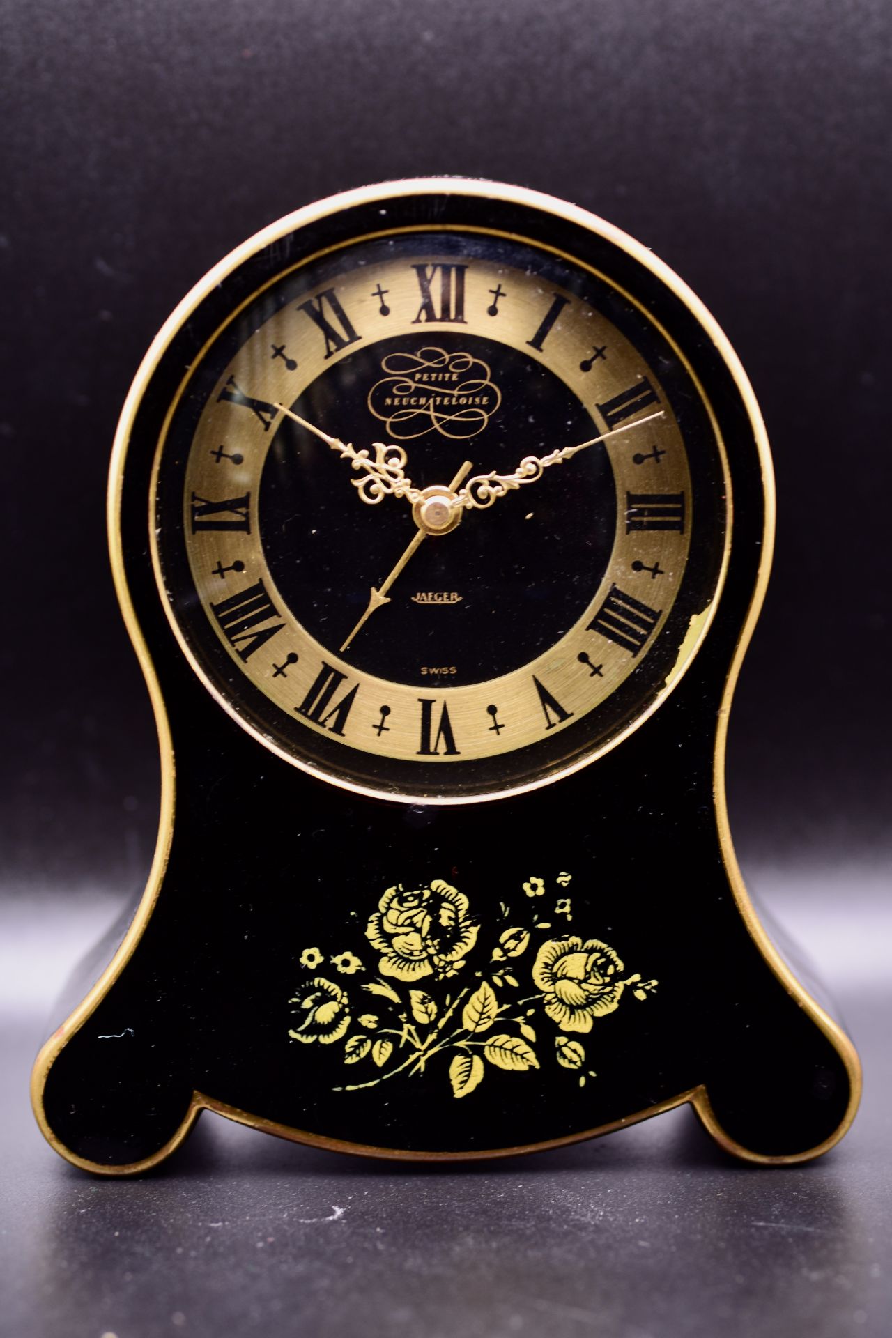 Jaeger "Petite Neuchâteloise" Musical Alarm Table Clock Swiss Black Enamel and Gilt-Decorated